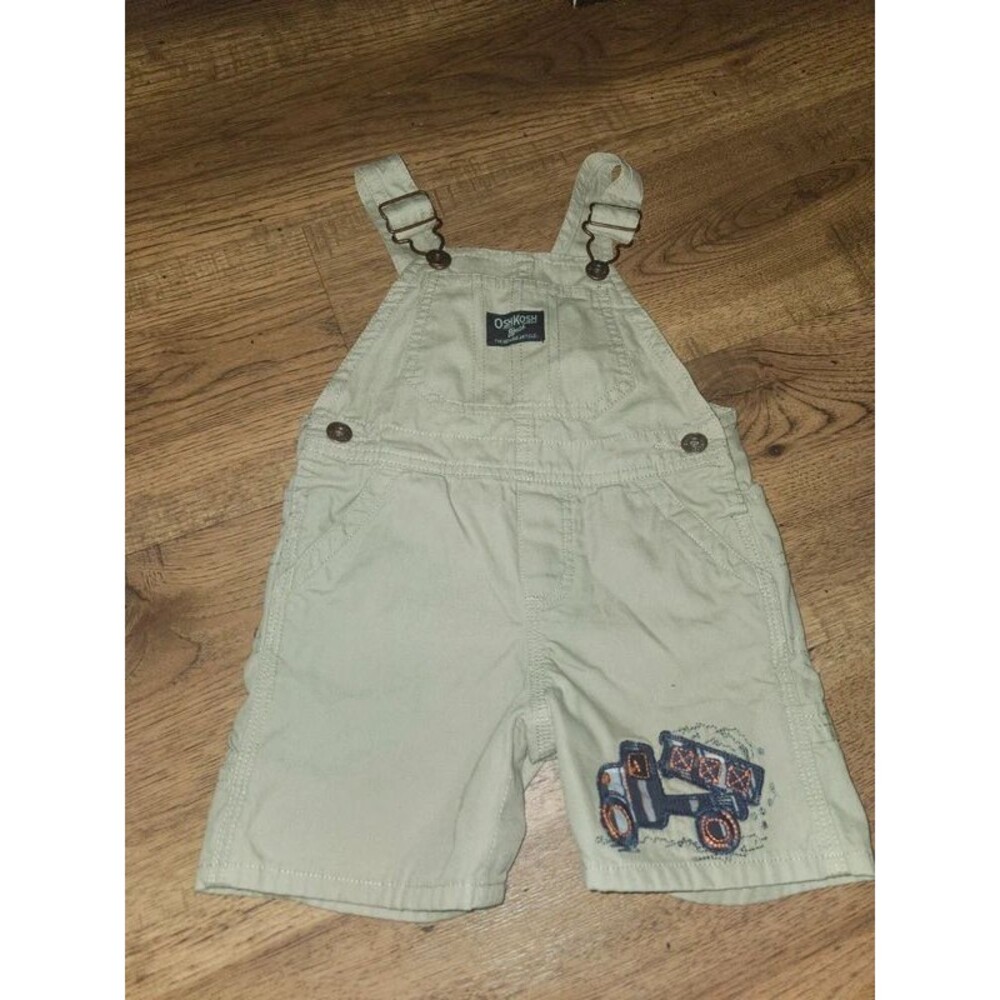 OshKosh B'gosh Toddler Khaki Dump Truck Shortalls Overalls - Size 12m
